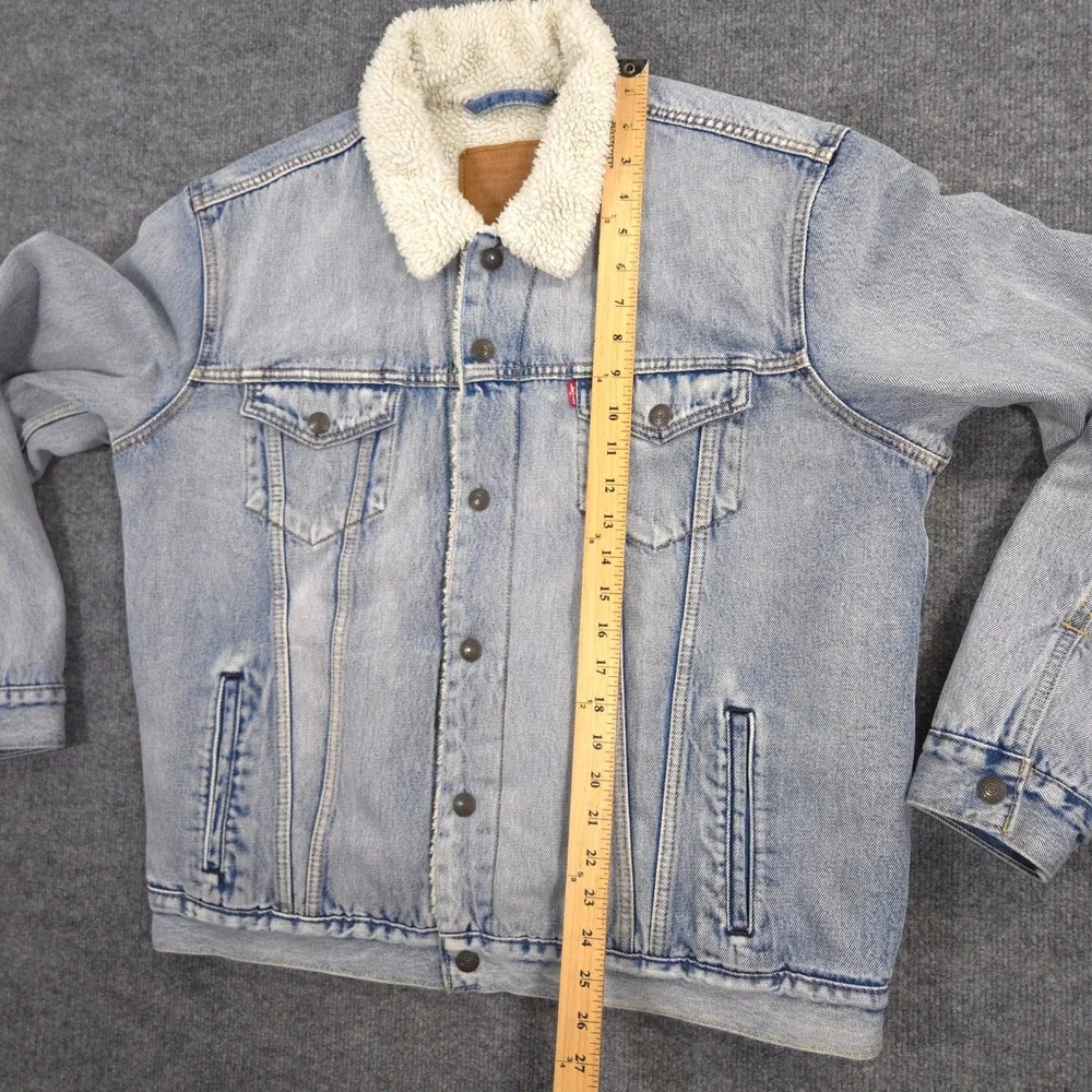 Levis Premium Denim Trucker Jacket Mens Large Blue Big E Sherpa Lined Light Wash